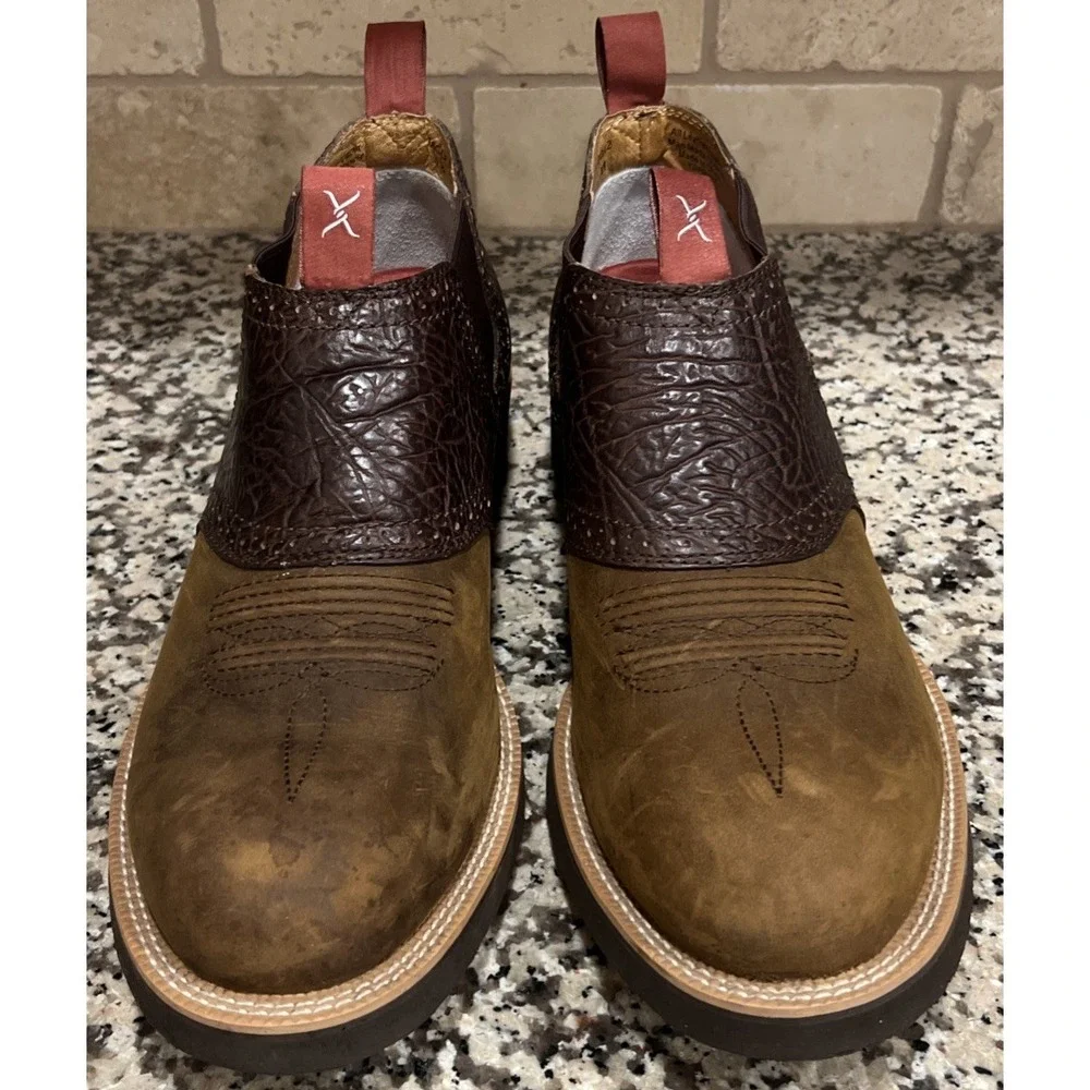 Twisted X Cow Dog Slip-On Men Brown Leather Western Ankle Boots Size 12 MCD0002